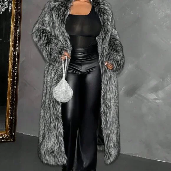 Black And White Preppy Women's Faux Fur Long Coat